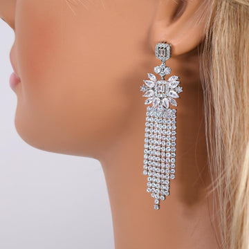 CZ Dainty Celestial Rain Diamond Tassel Drop Crystal, Diamond Leaves Earrings, Long Bridal Jewelry, Bridal Earrings, Crystal Bridal Earrings